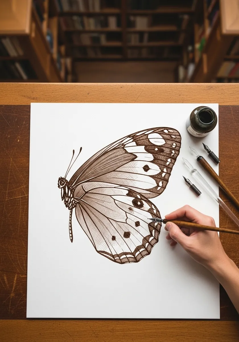 Antique sepia ink butterfly with detailed venation drawn on cream paper
