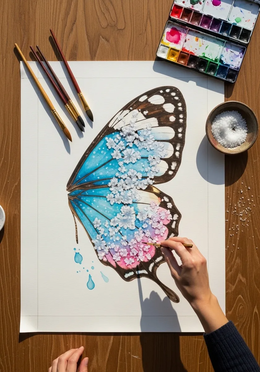 Butterfly with wings filled with tiny pink and blue cherry blossom flowers