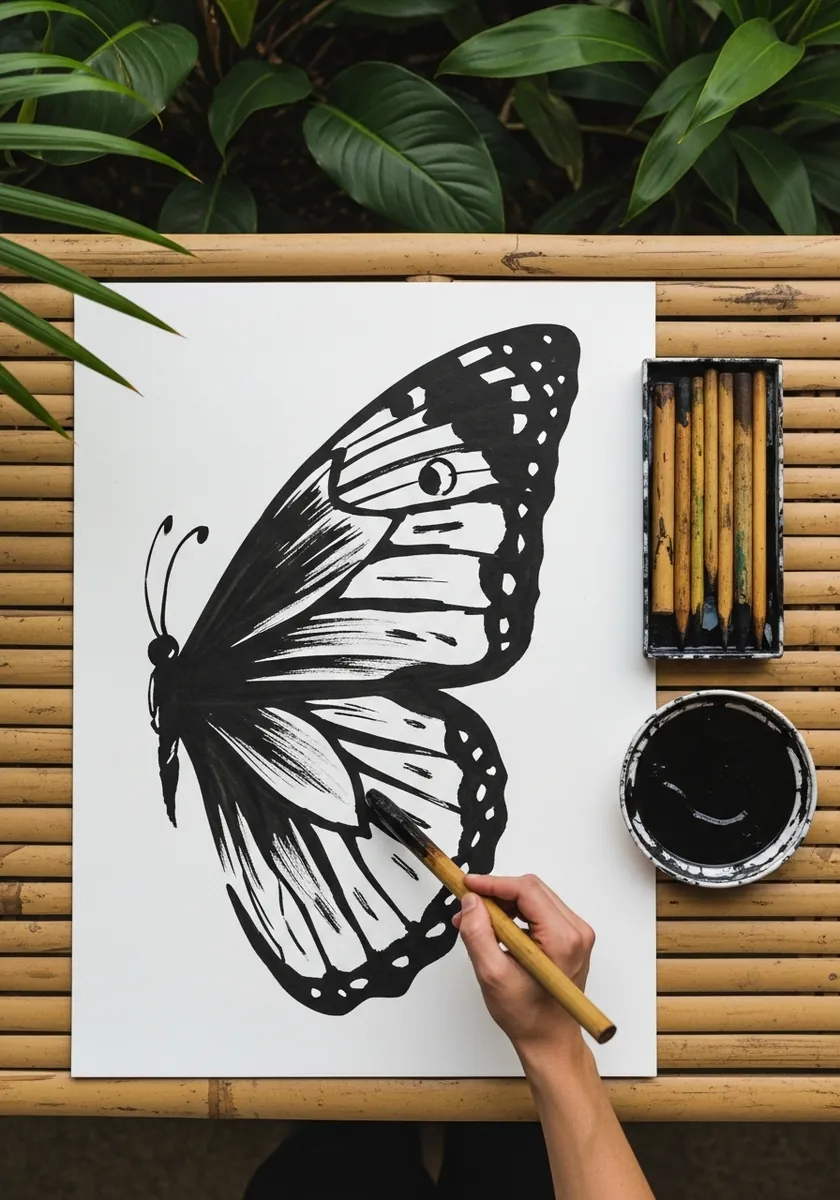 Bold black brush ink butterfly with dry brush texture and spotted border