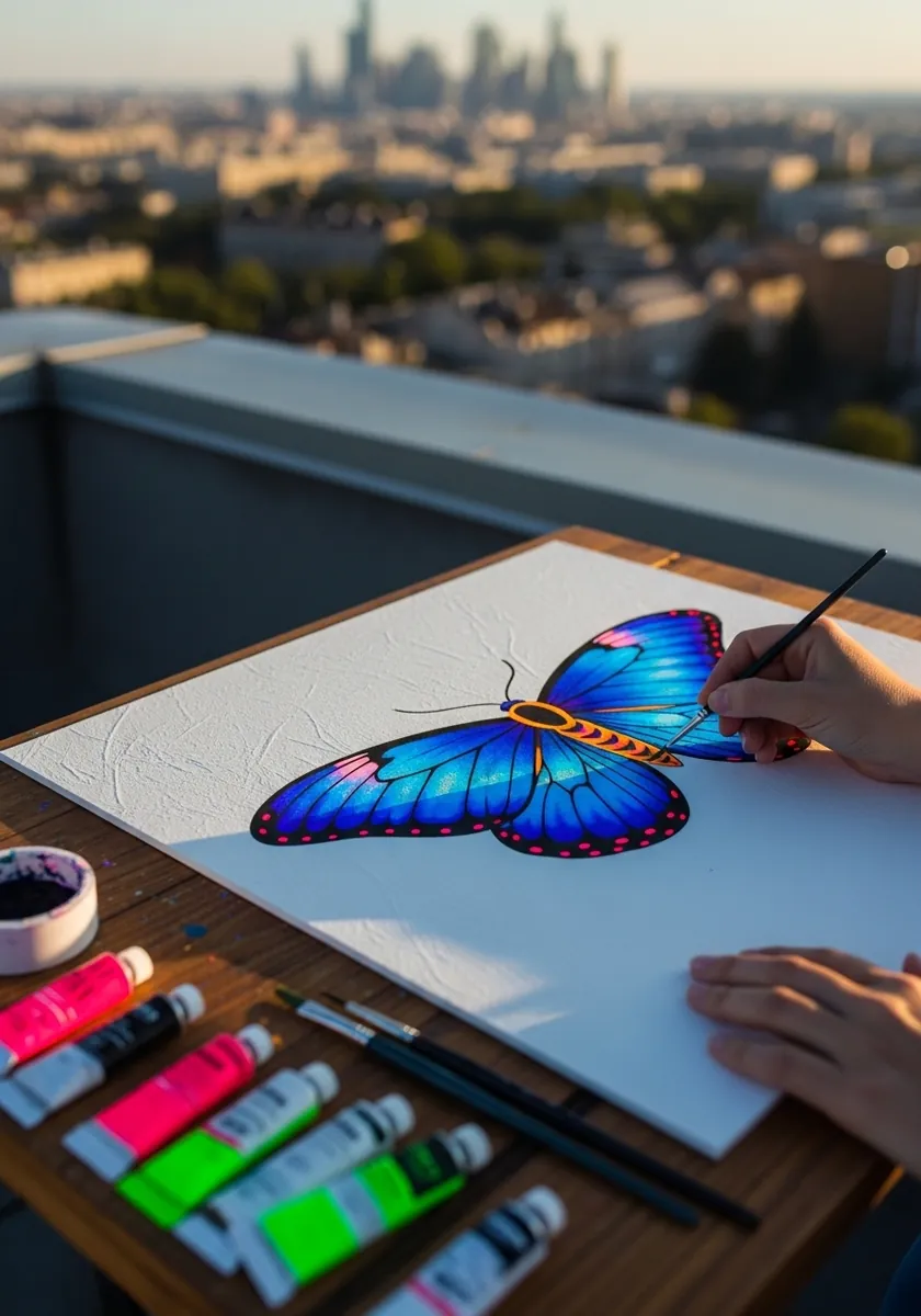 Vivid iridescent blue butterfly with pink edges painted on textured white board