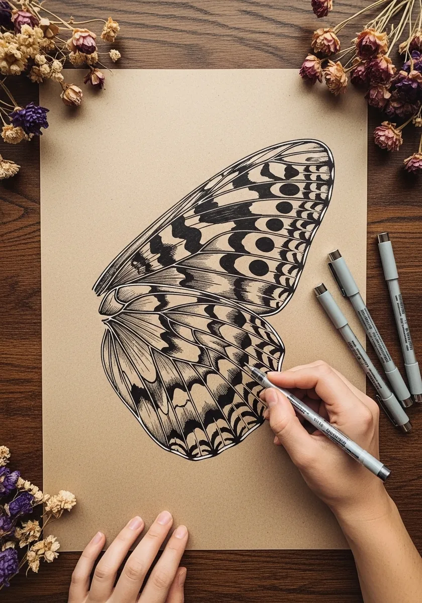 Detailed black and cream butterfly with translucent patterned wings on kraft paper