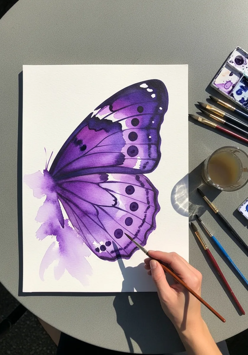 Loose purple watercolor butterfly with soft blurred edges and dark spots