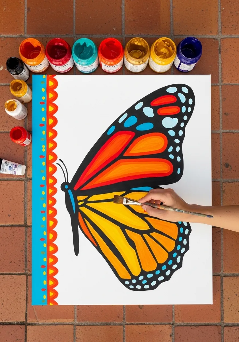 Bold flat color monarch butterfly beside a bright decorative striped border