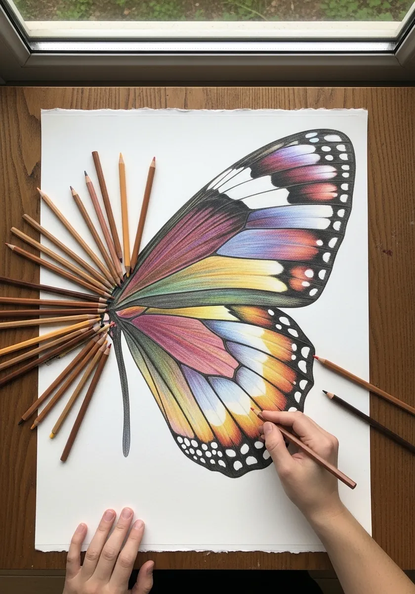 Colored pencil butterfly with wings graduating through pink green and orange