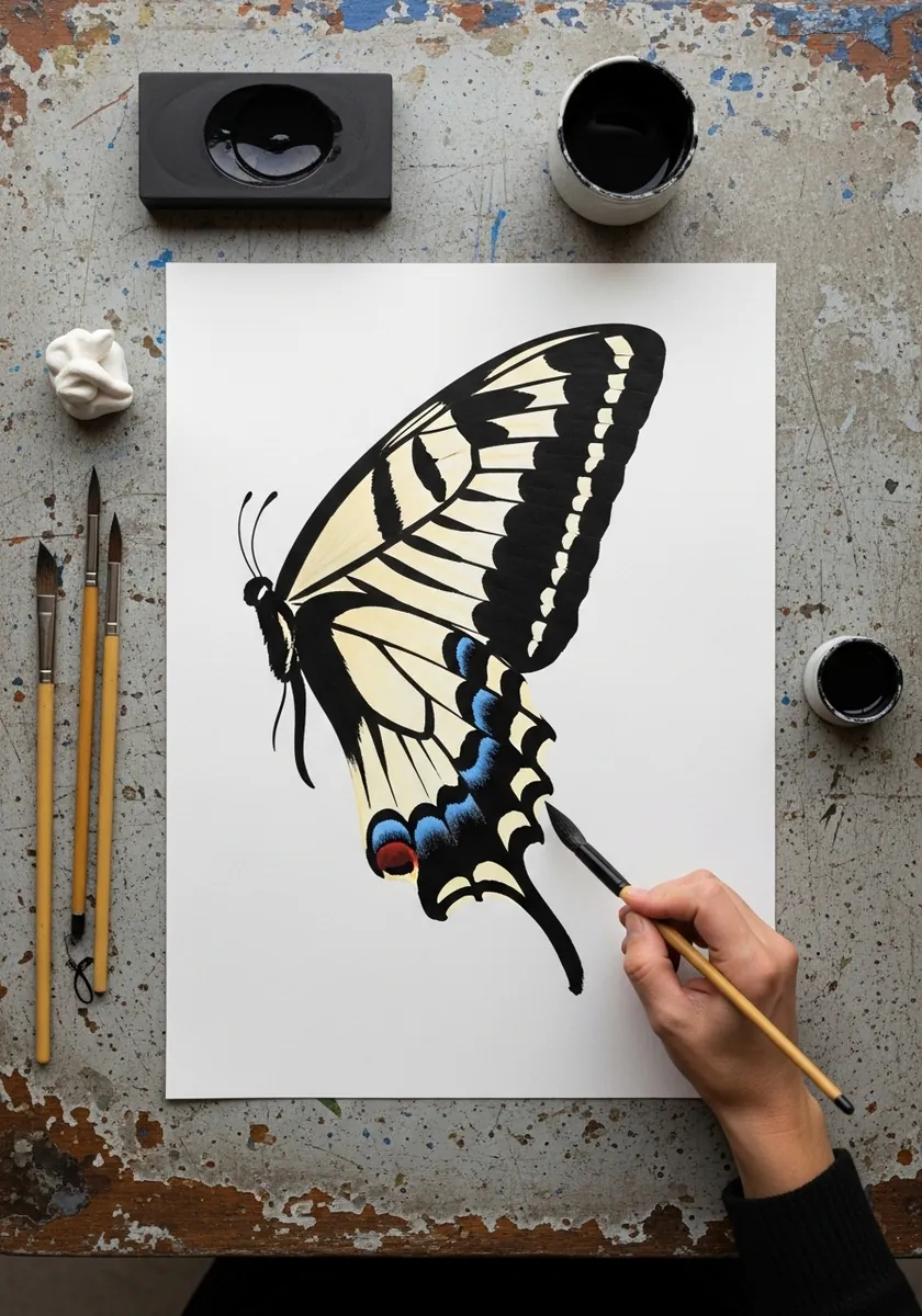 Black and cream swallowtail butterfly with tailed hindwings and blue spots