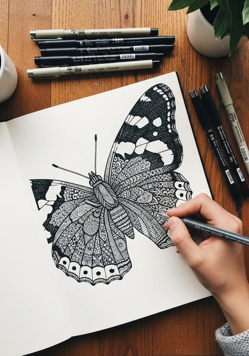 Fine ink butterfly filled with dense zentangle patterns and repeating motifs