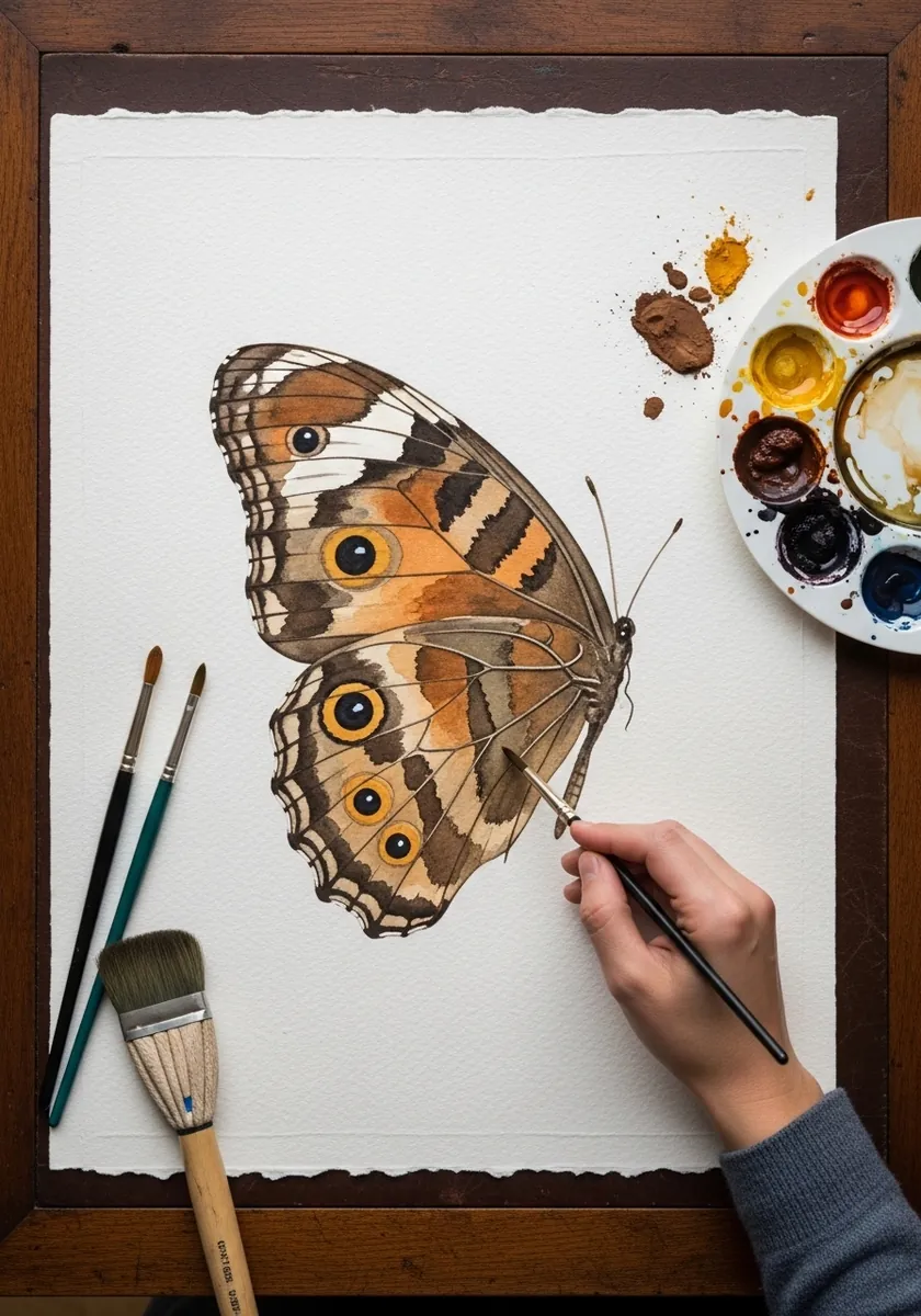 Watercolor brown butterfly with large orange ringed eyespots on both wings