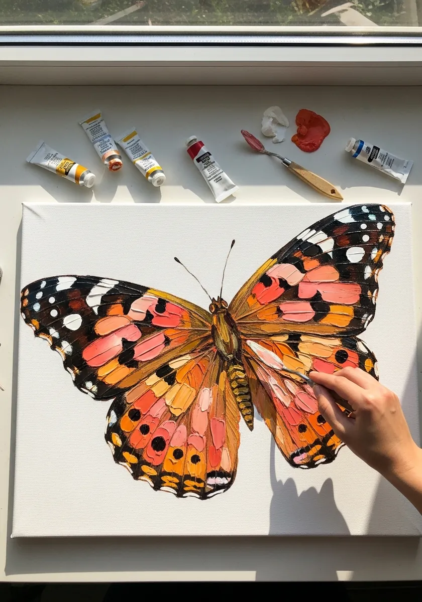 Painted lady butterfly in thick pink orange and black acrylic with visible strokes