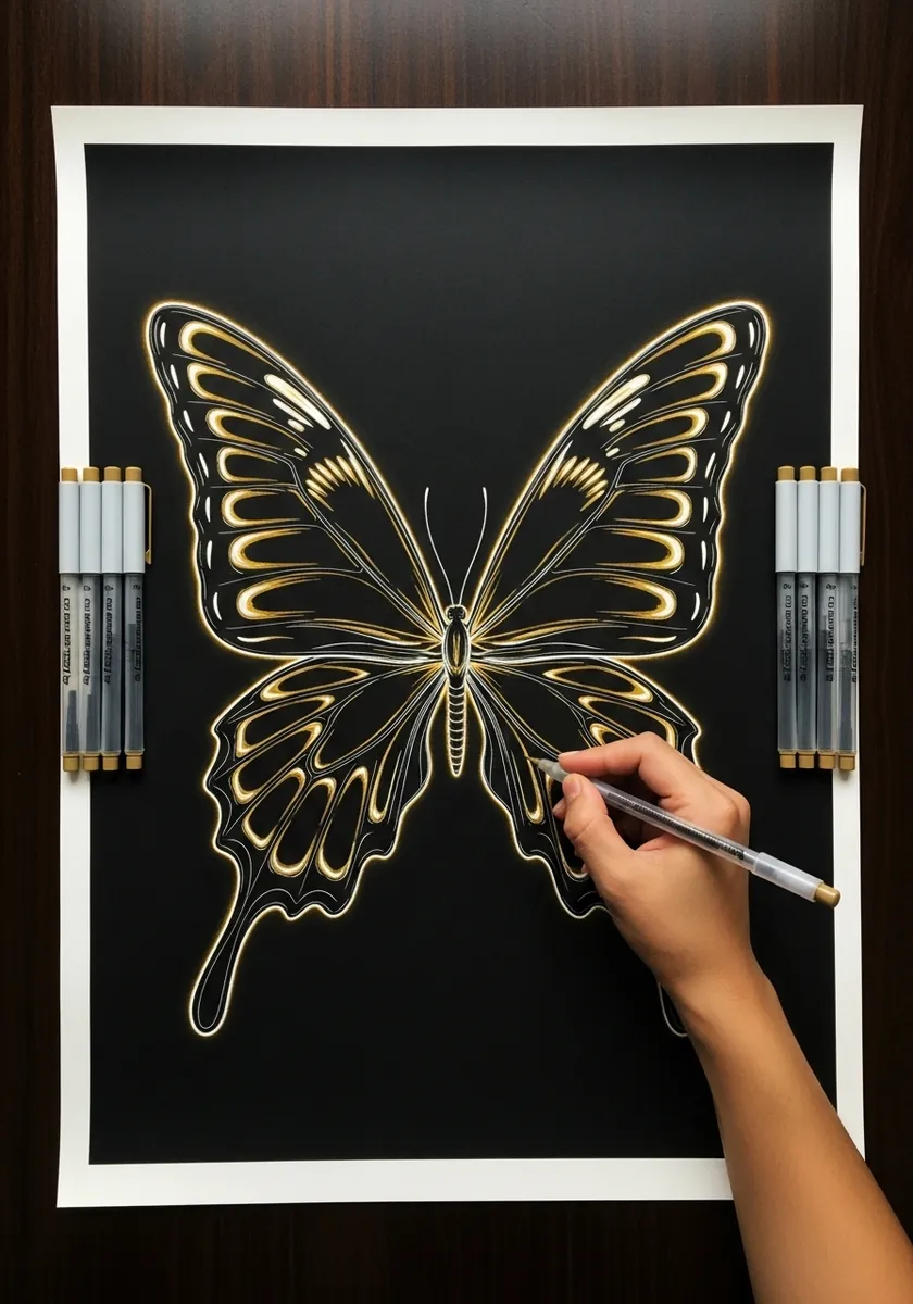Elegant gold line butterfly with symmetrical wings drawn on black paper