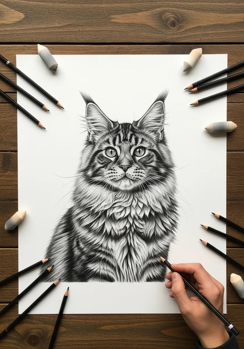 Detailed graphite pencil drawing of a Maine Coon cat with textured fur