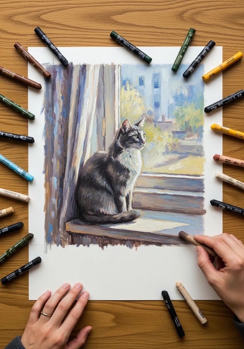 Oil pastel drawing of a gray cat sitting on a sunny windowsill
