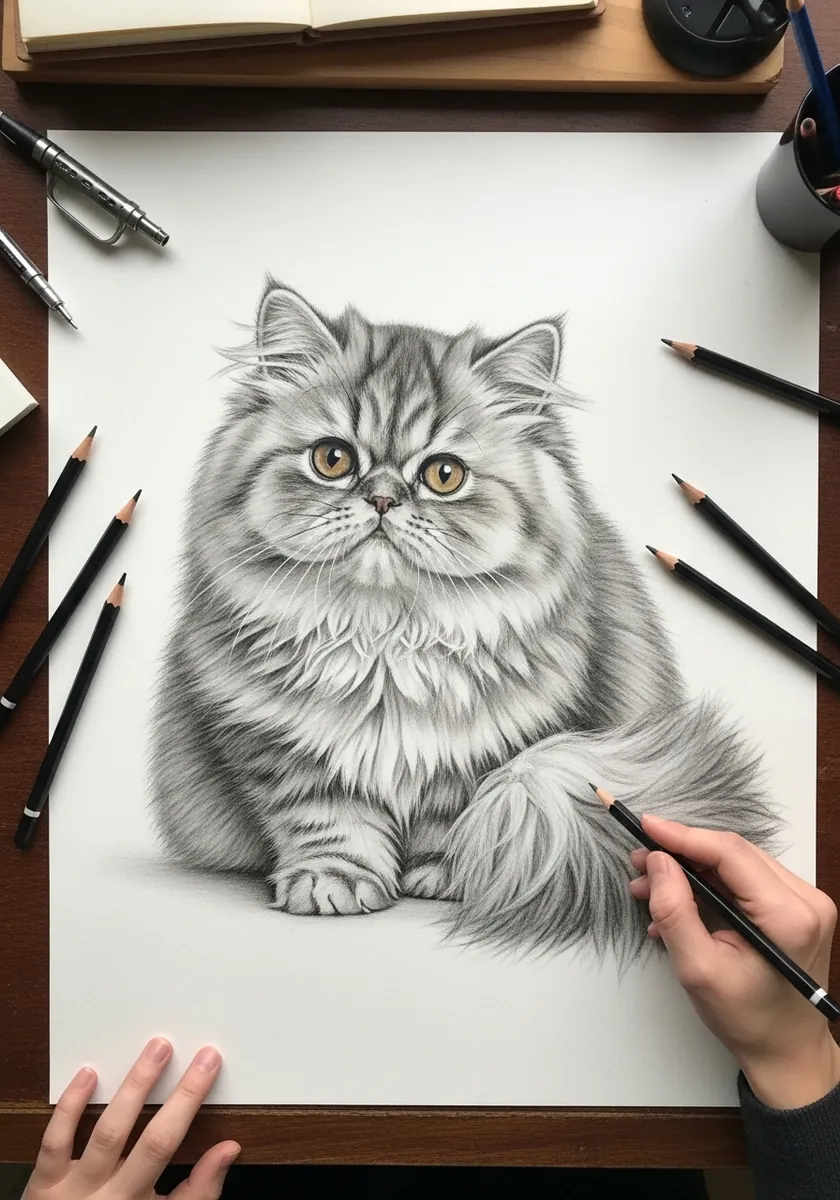 Graphite pencil portrait of a fluffy Persian cat with a flat face