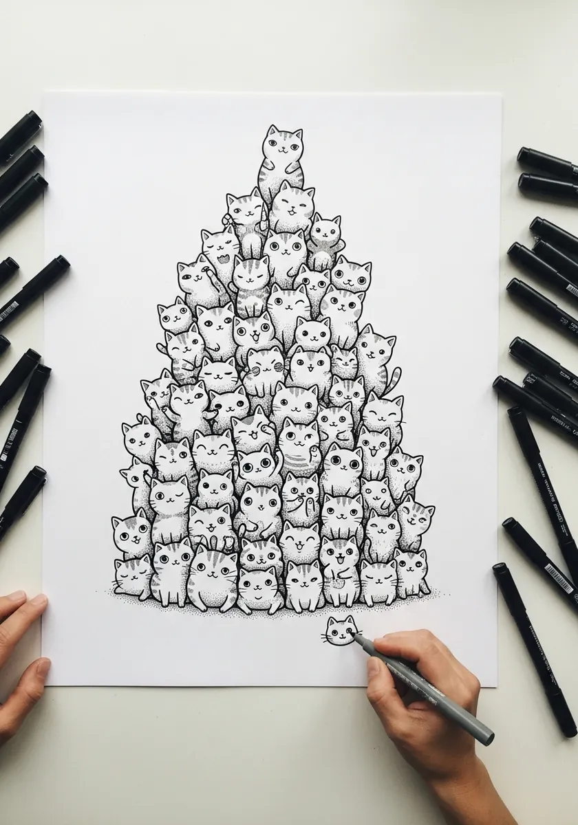Black fineliner doodle of dozens of small kawaii cats stacked in a pyramid
