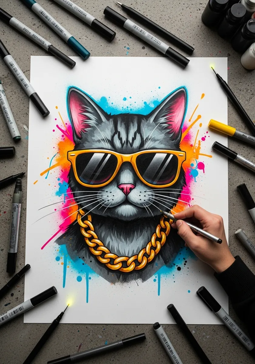 Graffiti style gray cat wearing yellow sunglasses and a gold chain