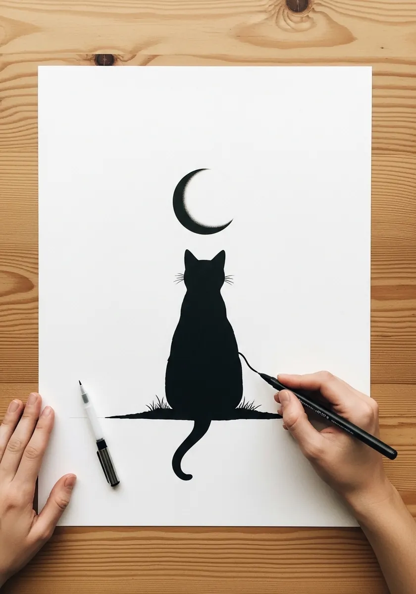 Minimalist black cat silhouette seen from behind under a crescent moon