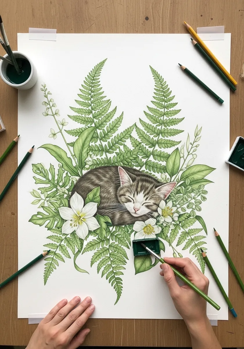 Colored pencil drawing of a tabby cat sleeping among ferns and white flowers