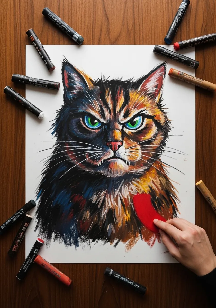 Bold oil pastel drawing of a calico cat with green eyes and rough strokes