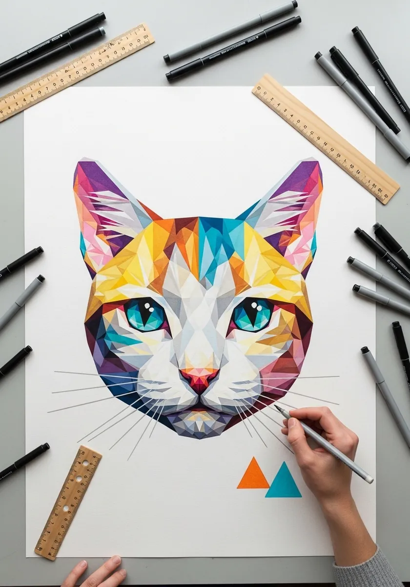 Geometric cat head made of bright colored triangles with turquoise eyes