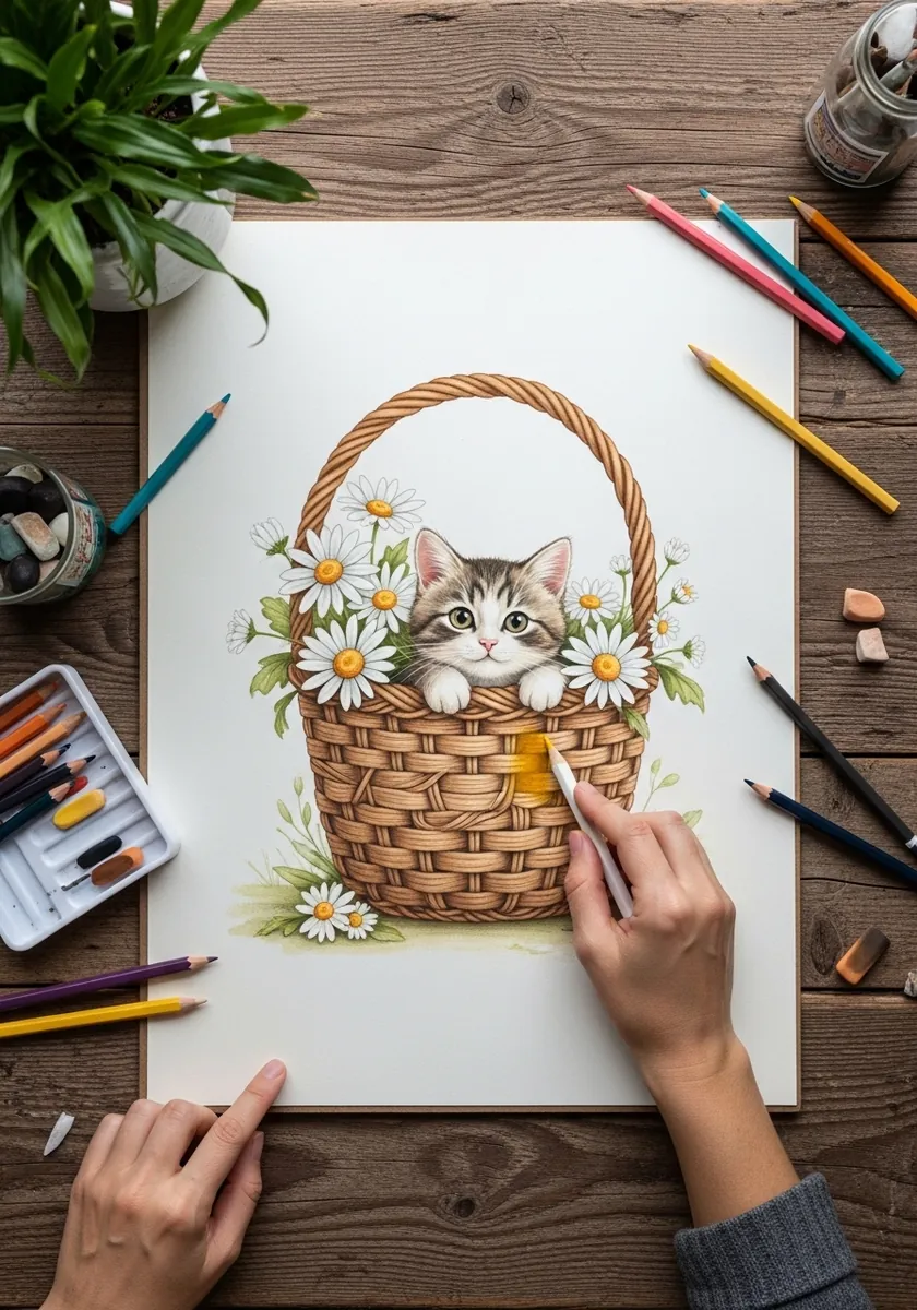 Colored pencil drawing of a kitten peeking out of a wicker basket with daisies