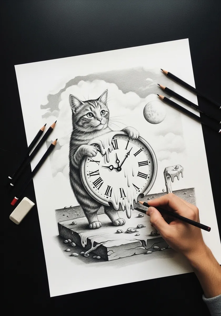 Surreal graphite drawing of a cat holding a melting clock on cracked ground