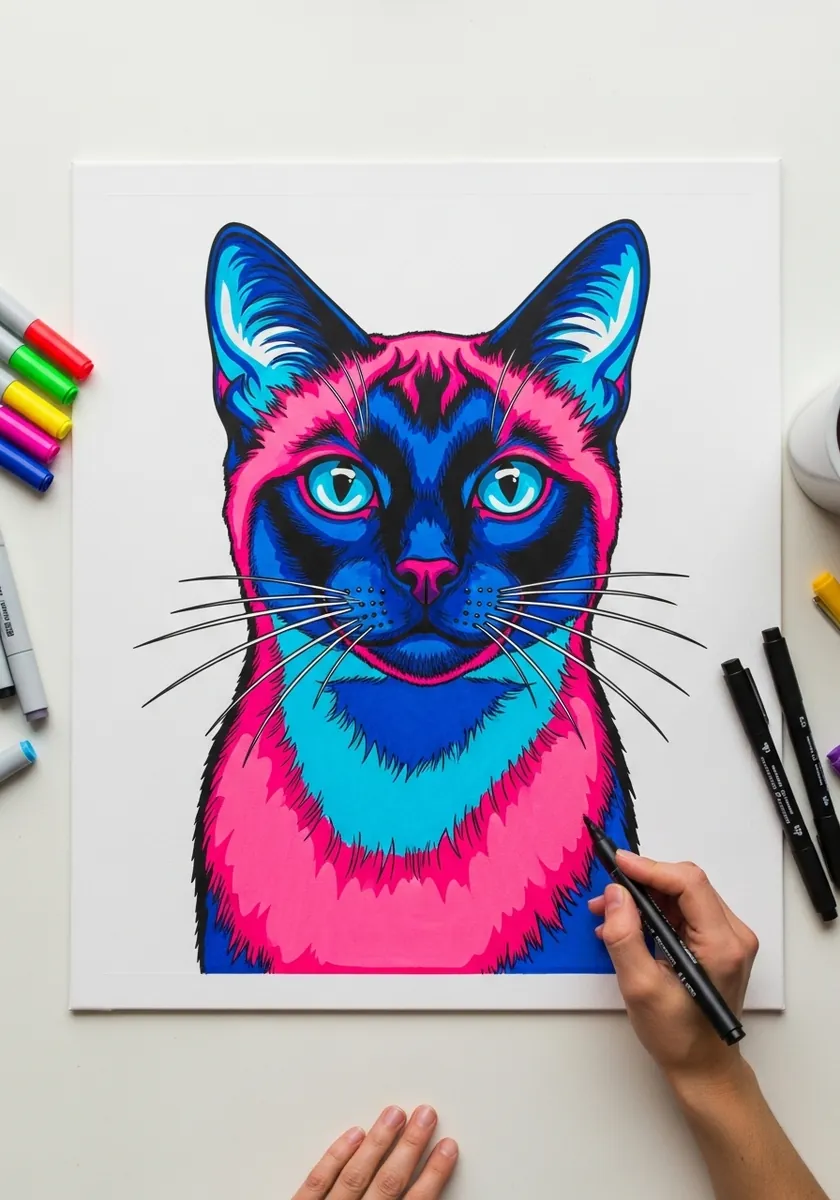 Pop art cat face drawn in bright neon pink blue and black marker