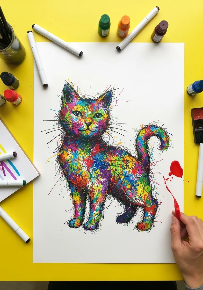 Cat drawn from tangled colored scribbles on a bright yellow background