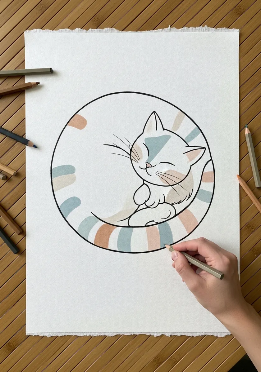 Minimalist line drawing of a cat curled inside a circle with muted stripes
