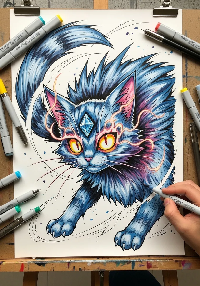 Fantasy drawing of a blue kitten with glowing orange eyes and a forehead gem