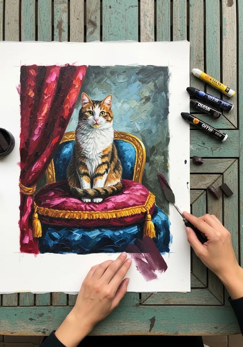 Textured palette knife painting of a calico cat sitting on a blue ornate chair