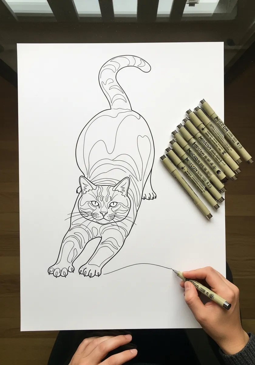 Single continuous fineliner outline of a cat stretching with an arched back