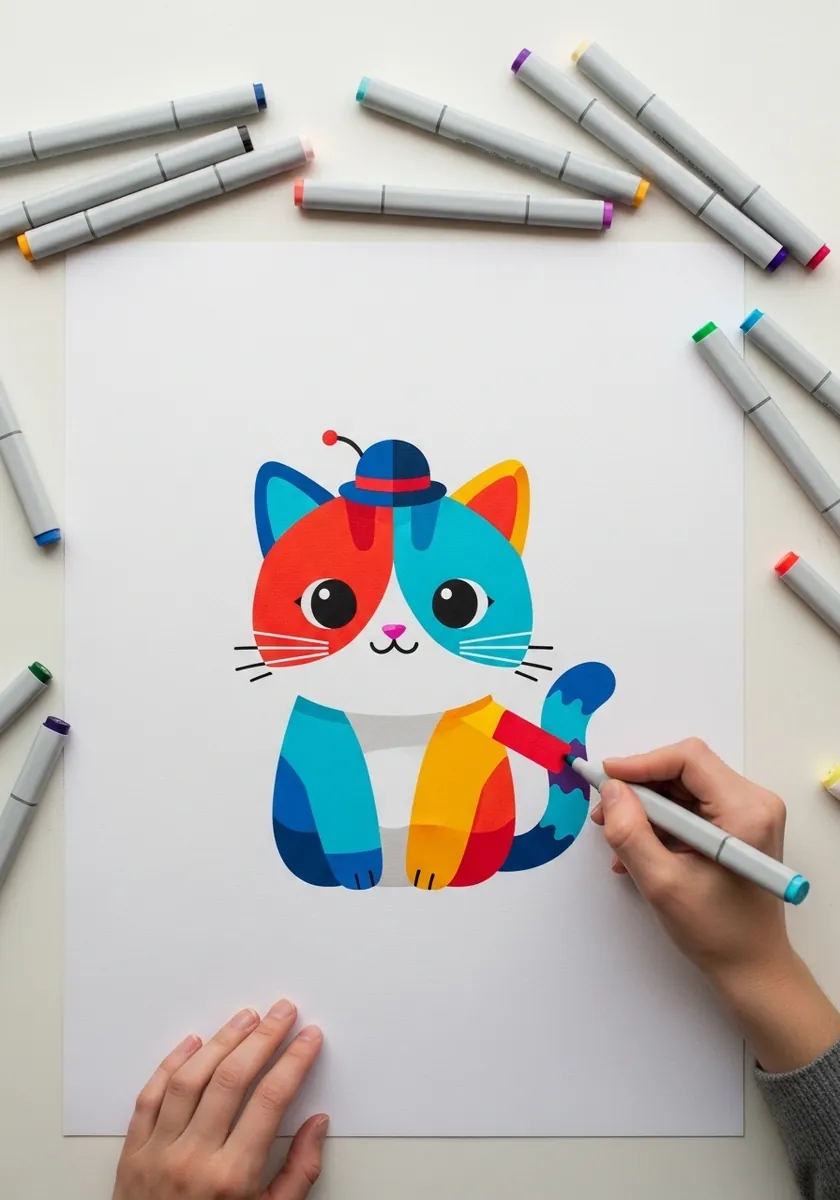 Flat vector style cat wearing a small blue bowler hat in bold primary colors