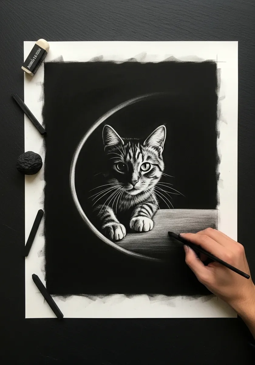White charcoal drawing of a tabby cat emerging from darkness on black paper