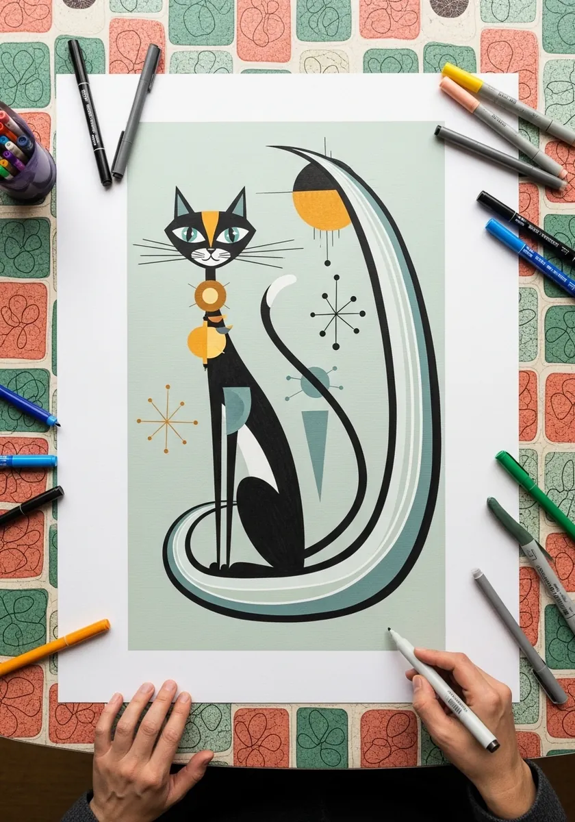 Mid century modern stylised cat with atomic starbursts in sage and orange