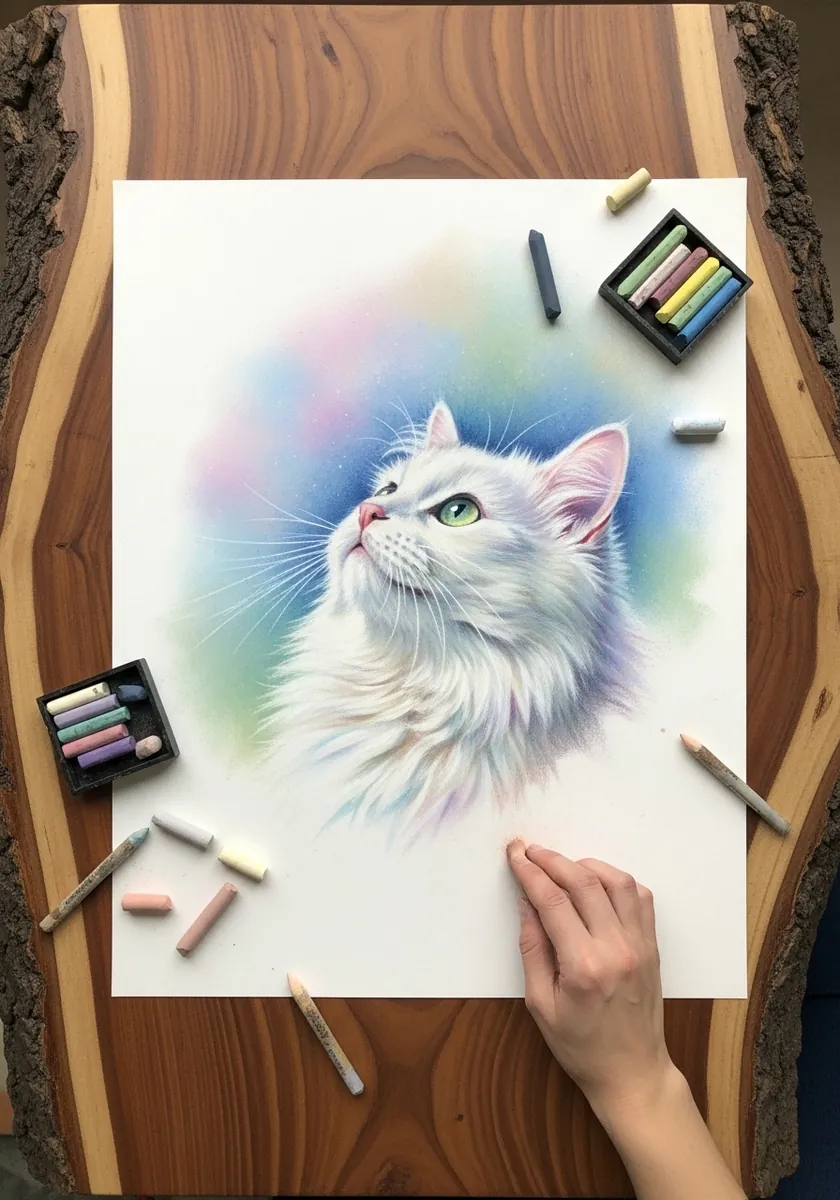 Soft pastel drawing of a fluffy white cat looking up against a rainbow background