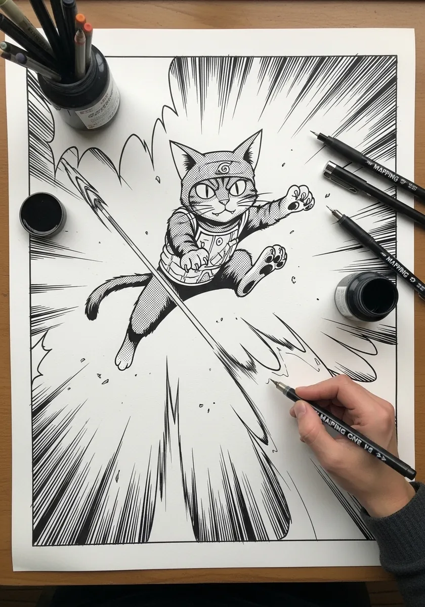 Manga style ink drawing of a cat ninja leaping with speed lines behind it
