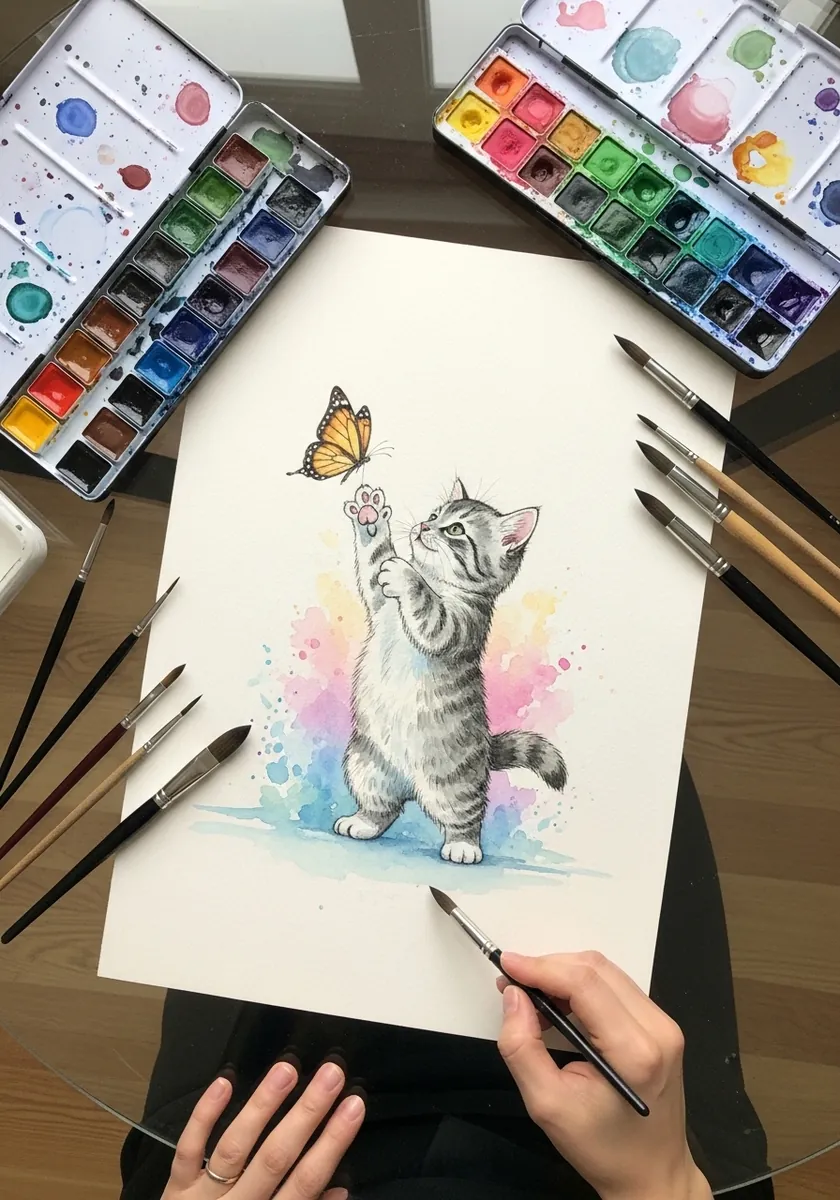 Watercolor kitten standing on hind legs reaching up to a butterfly