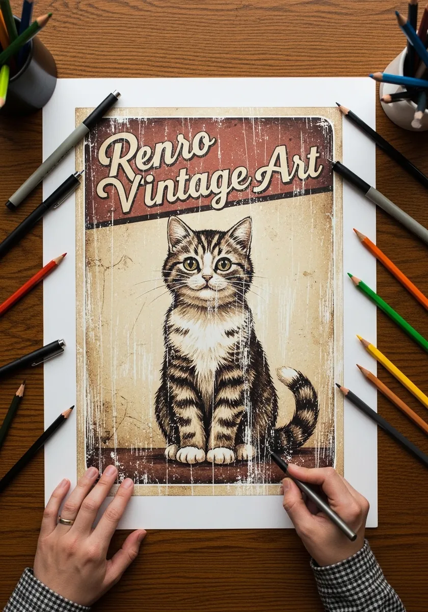 Vintage poster style drawing of a tabby cat with distressed lettering and worn edges