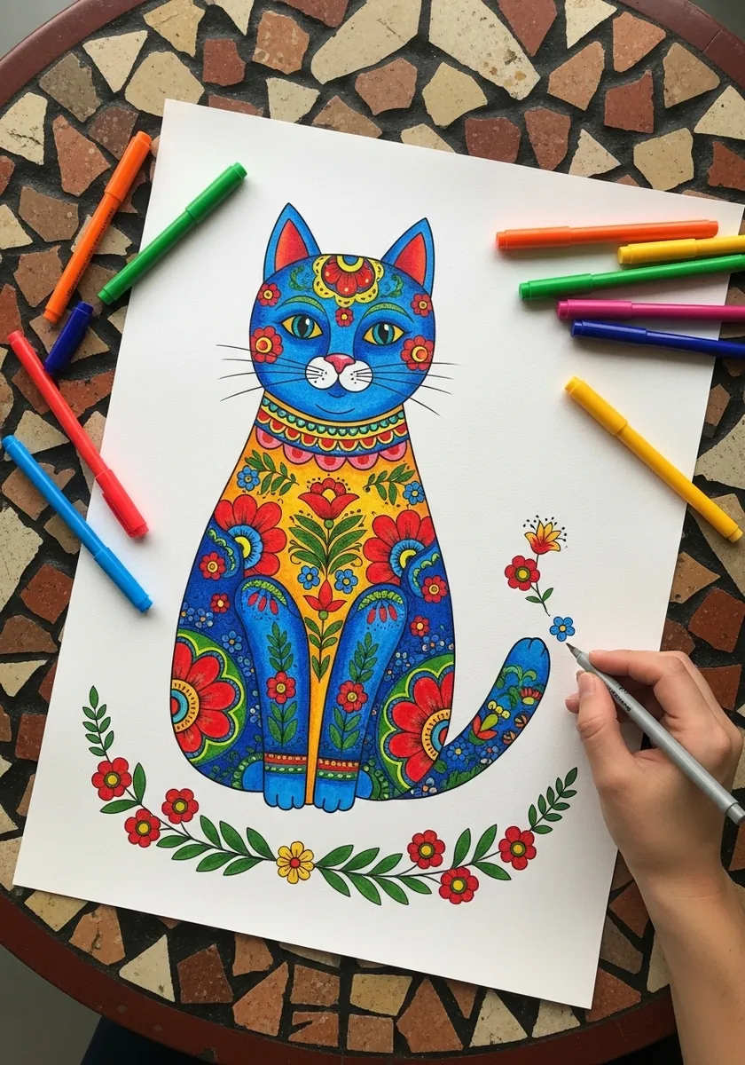 Folk art cat covered in red and yellow floral patterns on a blue body