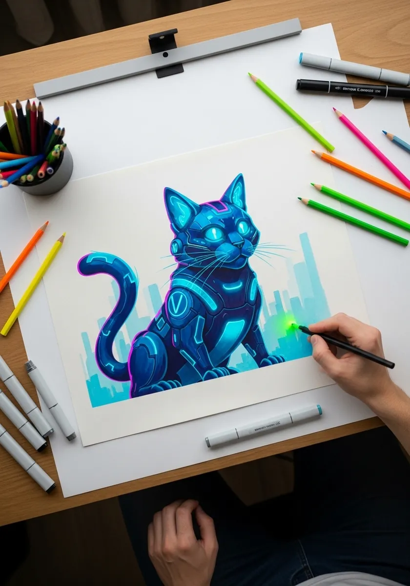 Cyberpunk neon cat with glowing circuit patterns against a city skyline