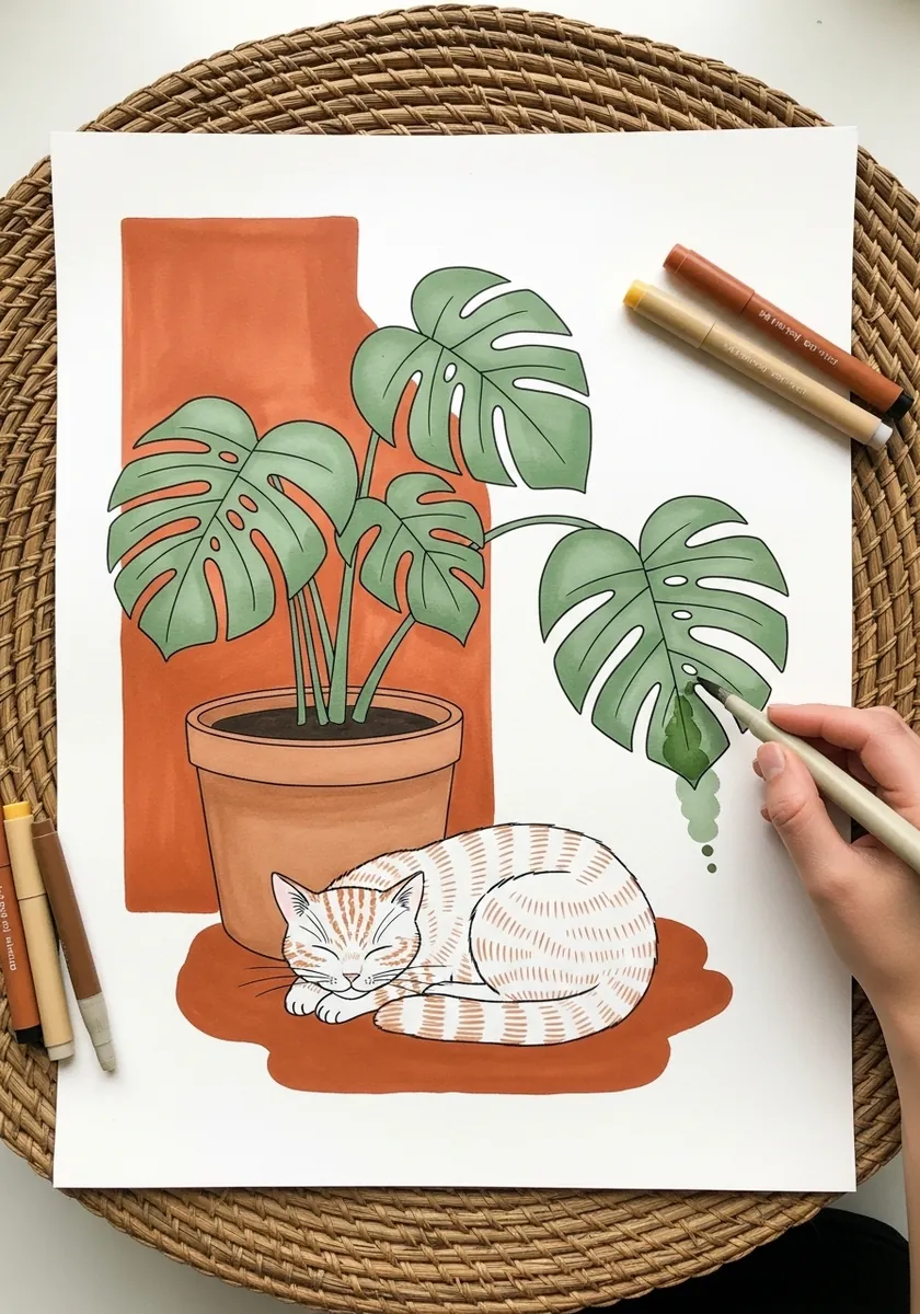 Boho illustration of a striped cat sleeping beside a potted monstera plant