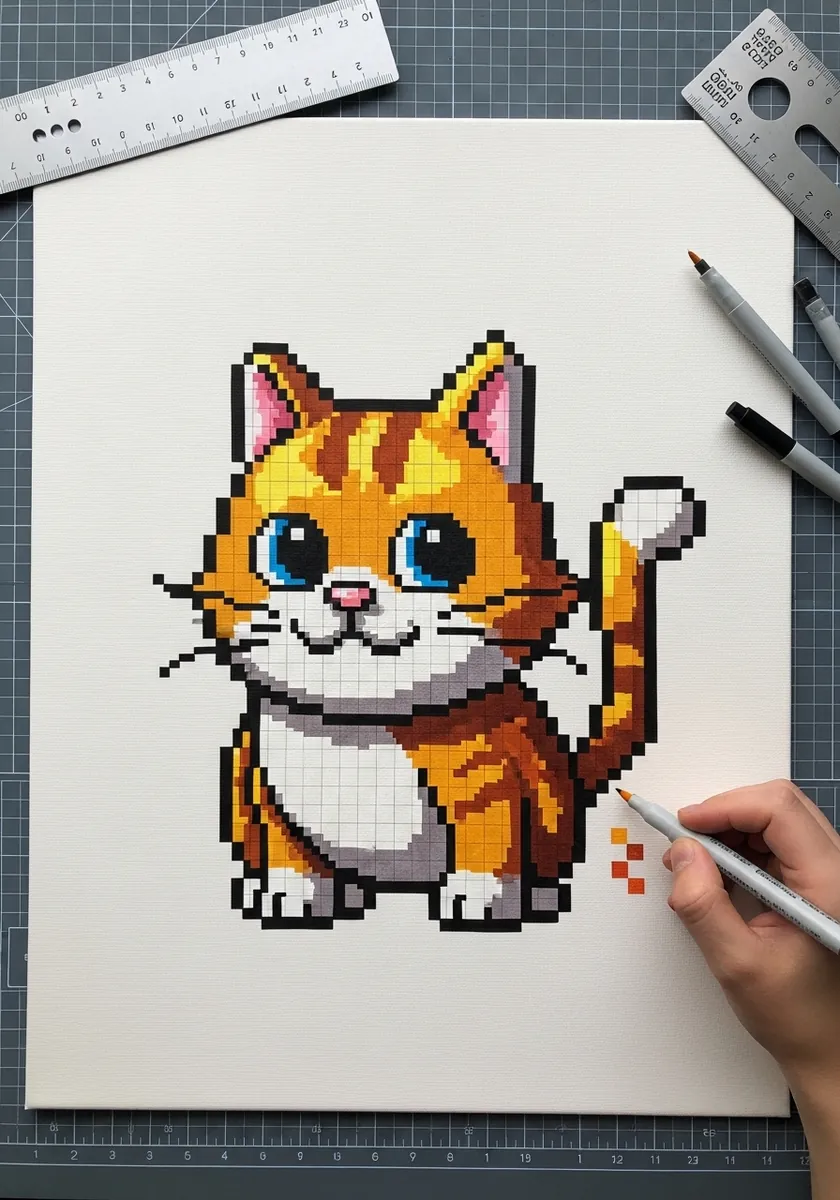 Pixel art orange tabby cat drawn square by square on grid paper