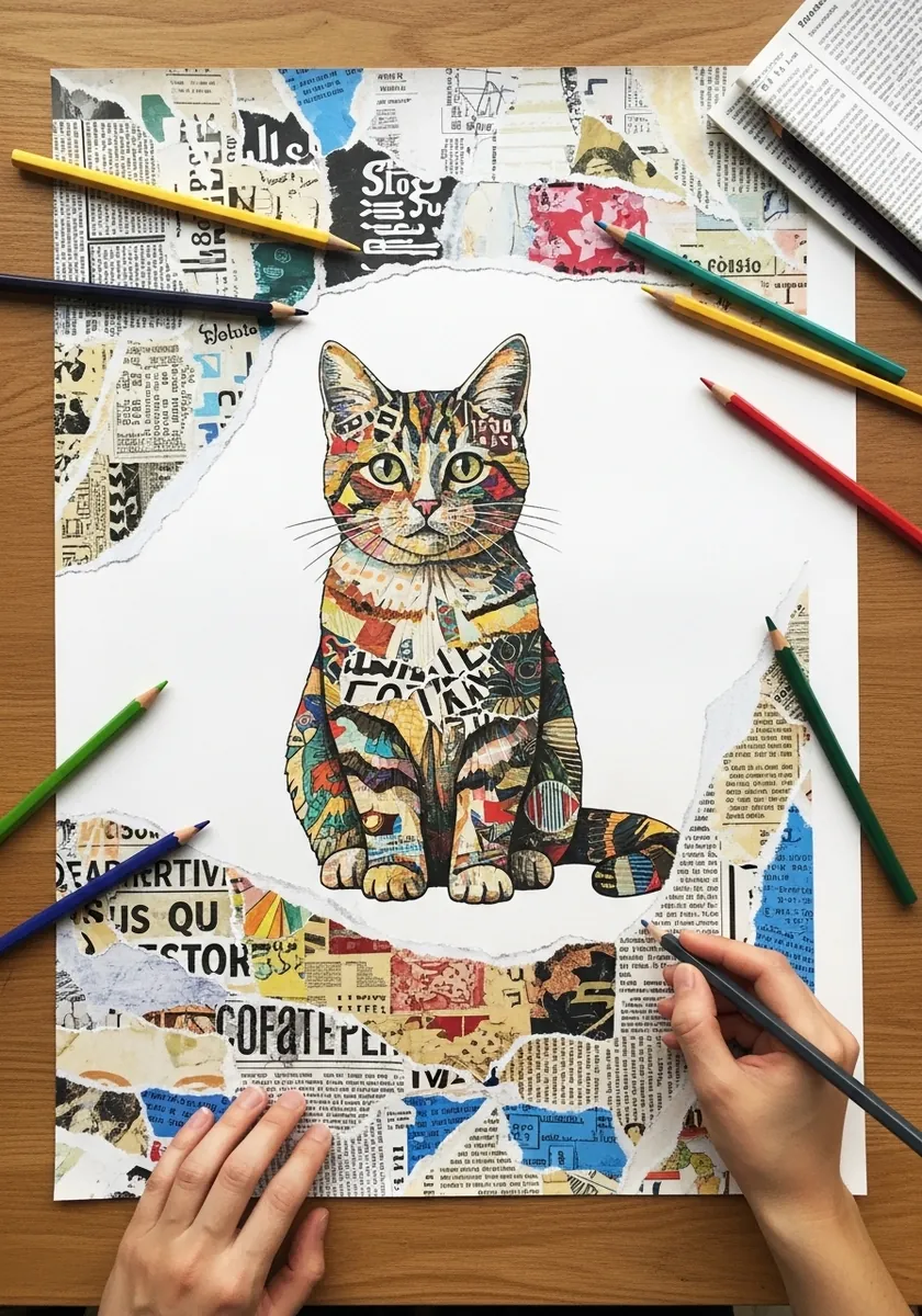Cat drawn over torn newspaper collage with print showing through the body
