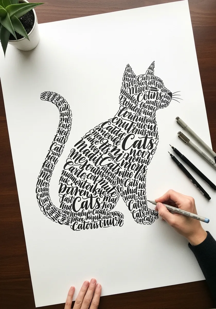 Cat silhouette formed entirely from hand lettered calligraphy of the word cats