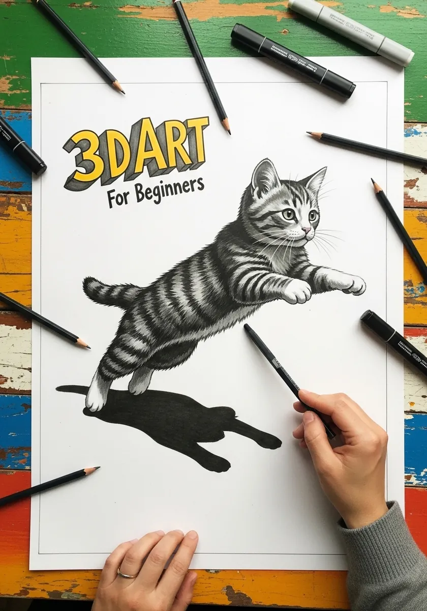 Anamorphic 3D pencil drawing of a cat leaping off the page with a heavy shadow