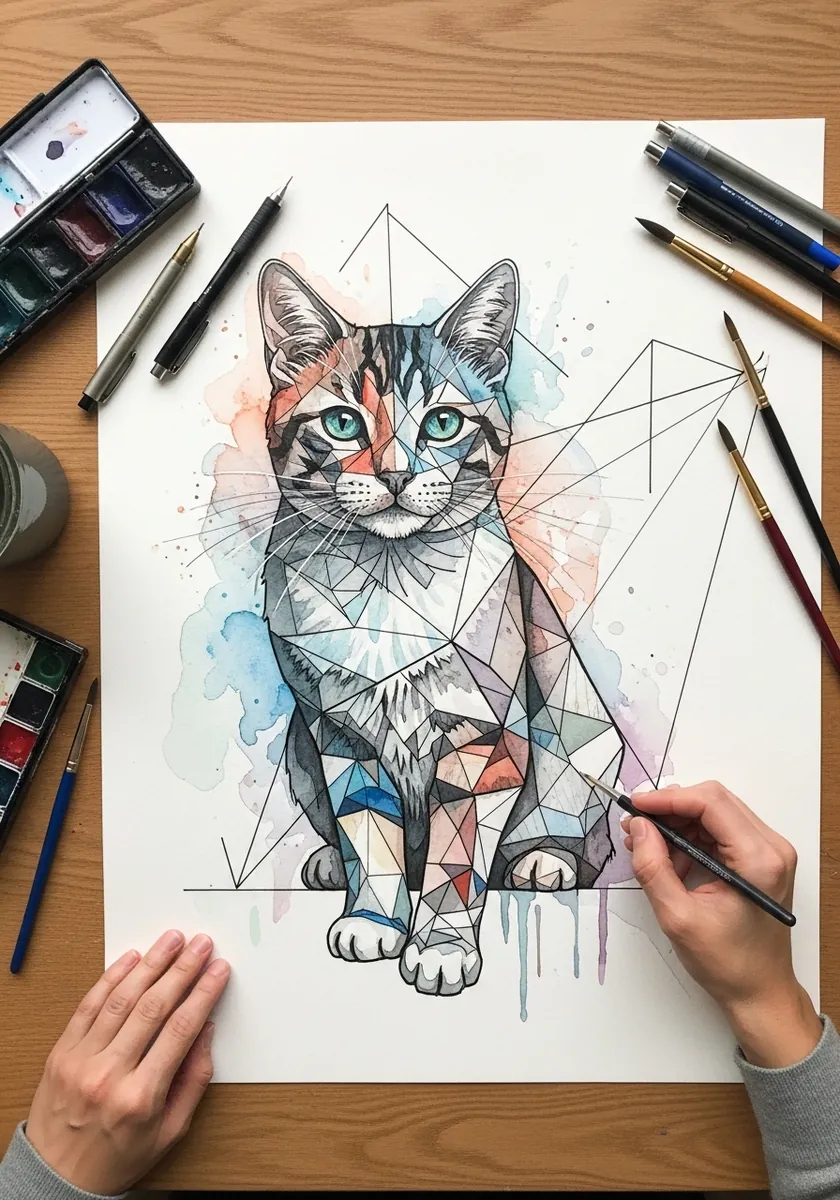 Watercolor cat overlaid with fine geometric pencil lines and color splatters