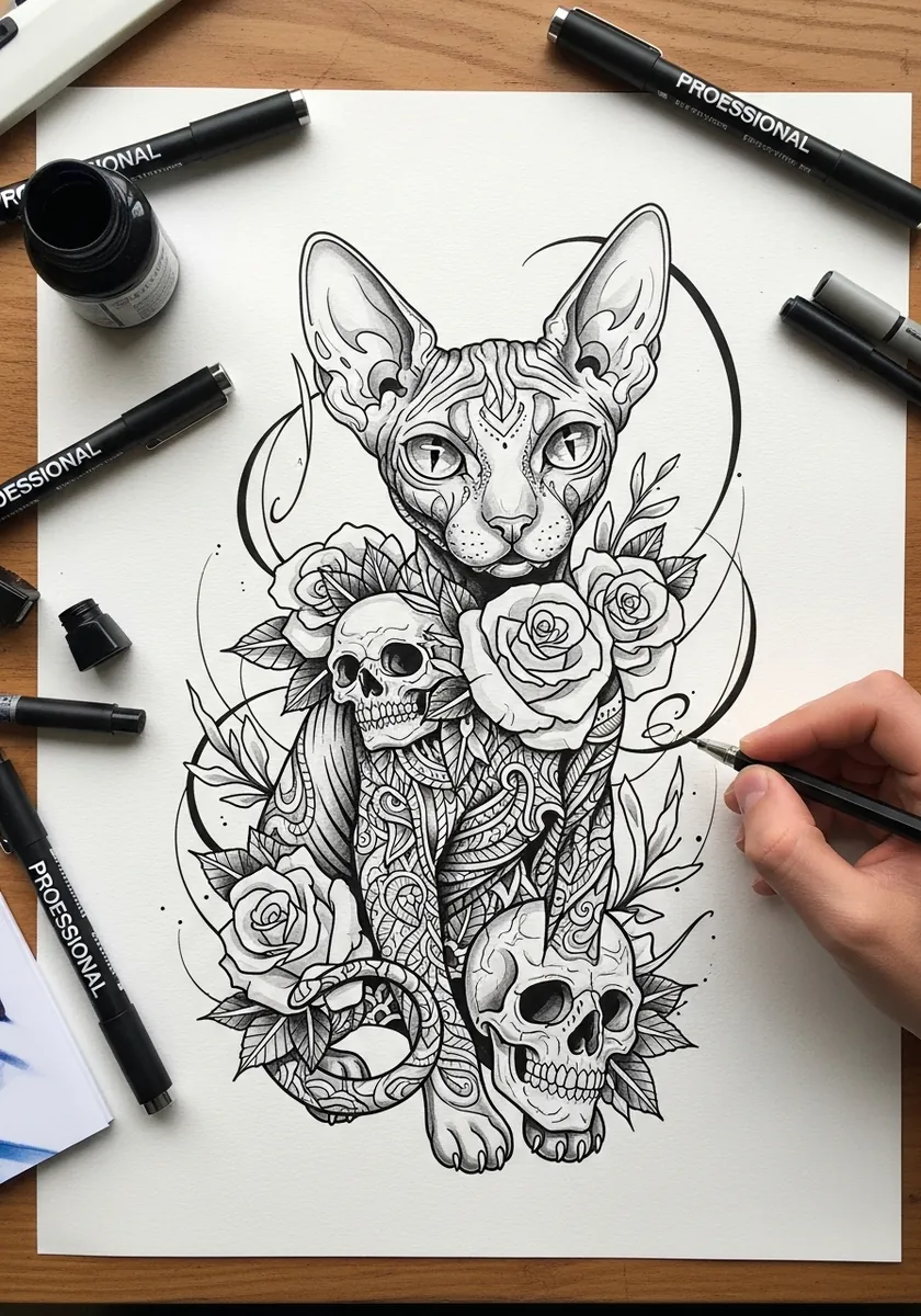 Black ink tattoo style drawing of a sphynx cat with skulls and roses