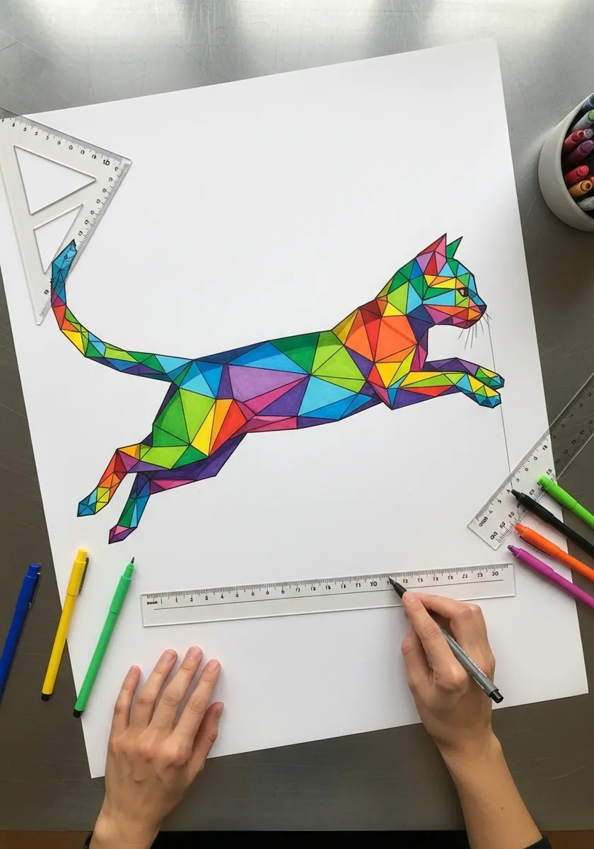 Low poly geometric cat leaping made of bright rainbow triangles