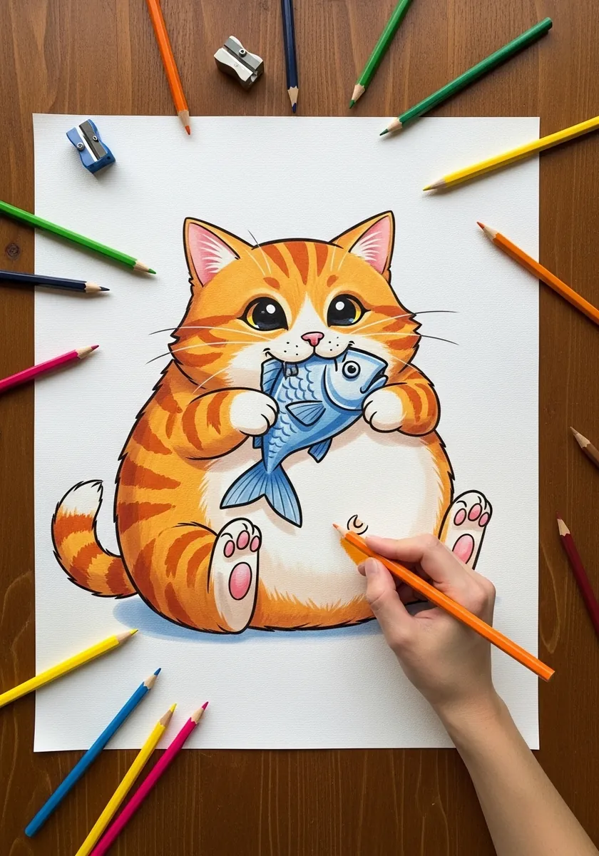 Cartoon drawing of a round orange tabby cat hugging a blue fish