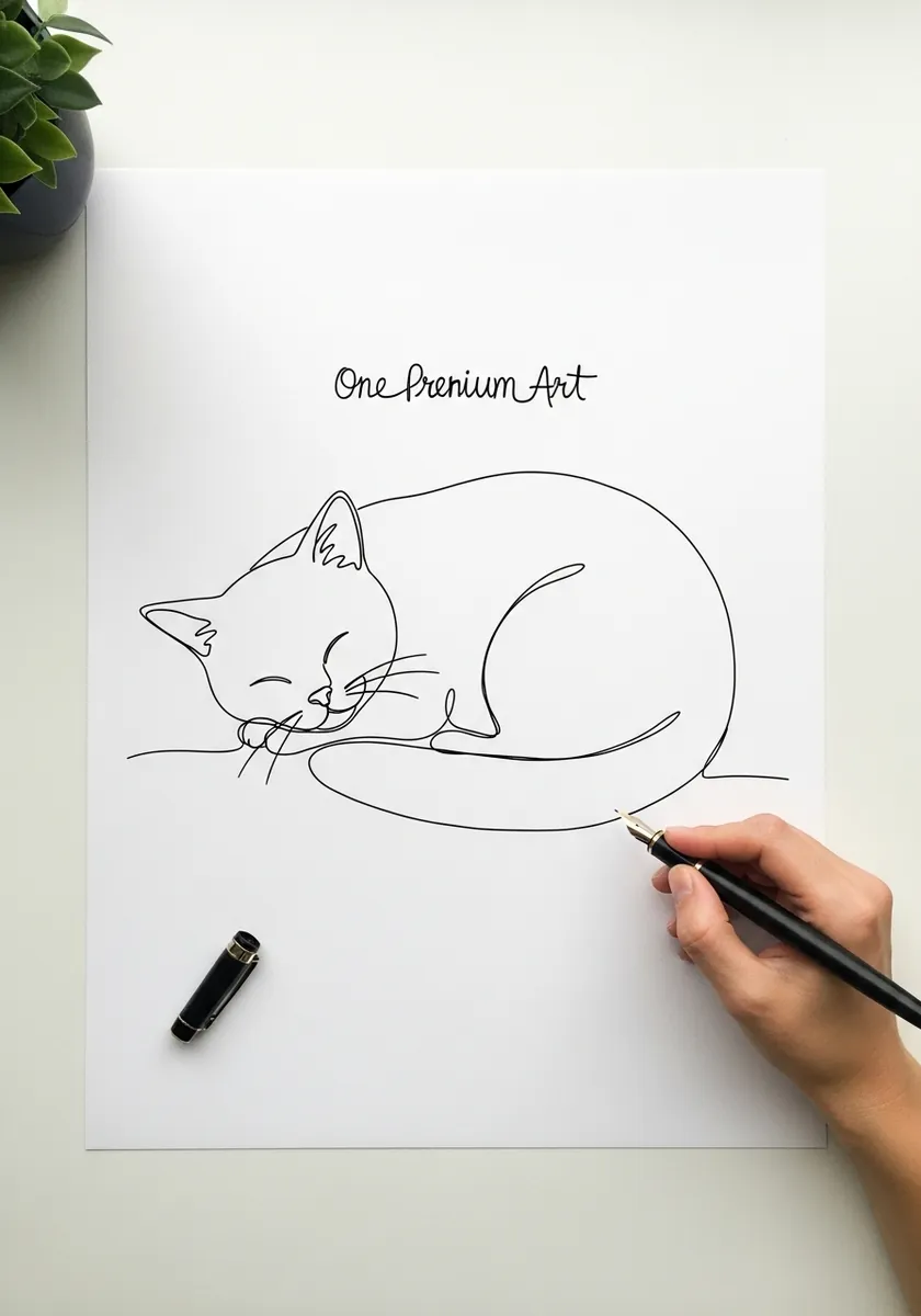 Minimalist one line drawing of a sleeping curled up cat in black ink