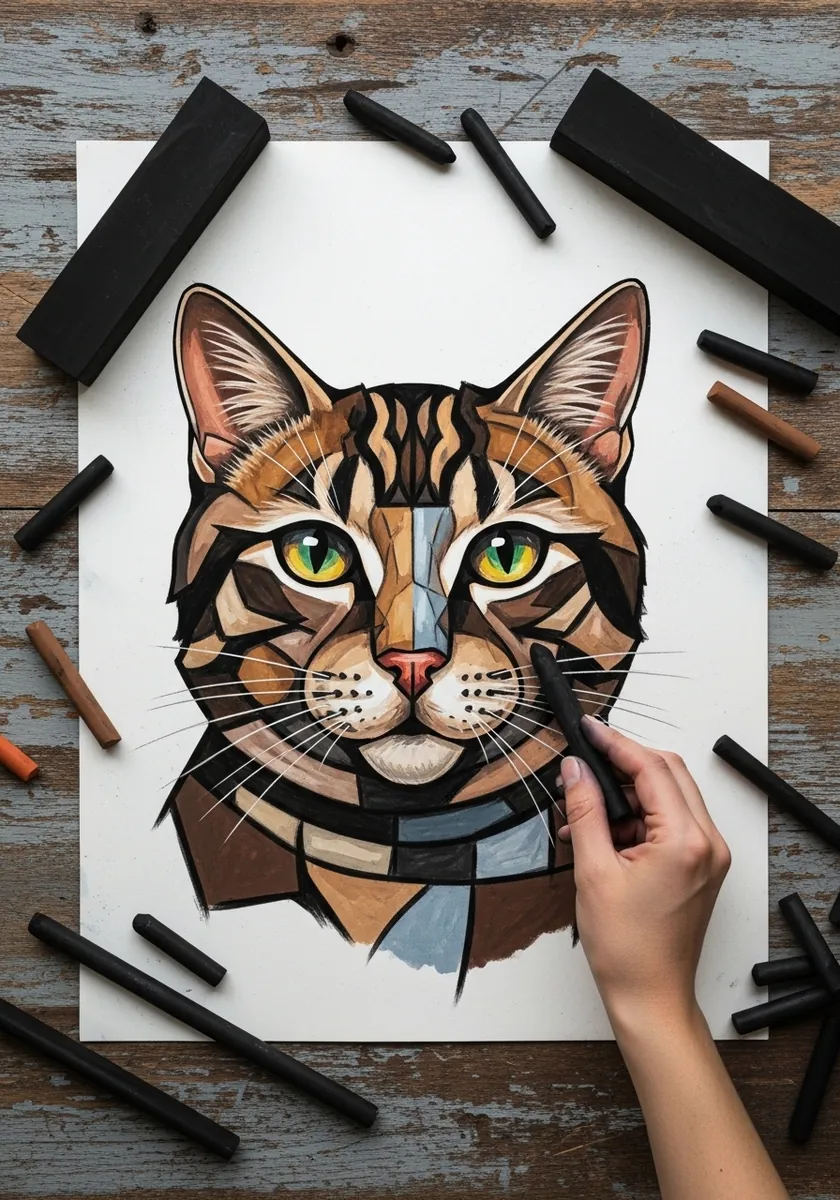 Cubist style cat head broken into angular planes in brown and gray